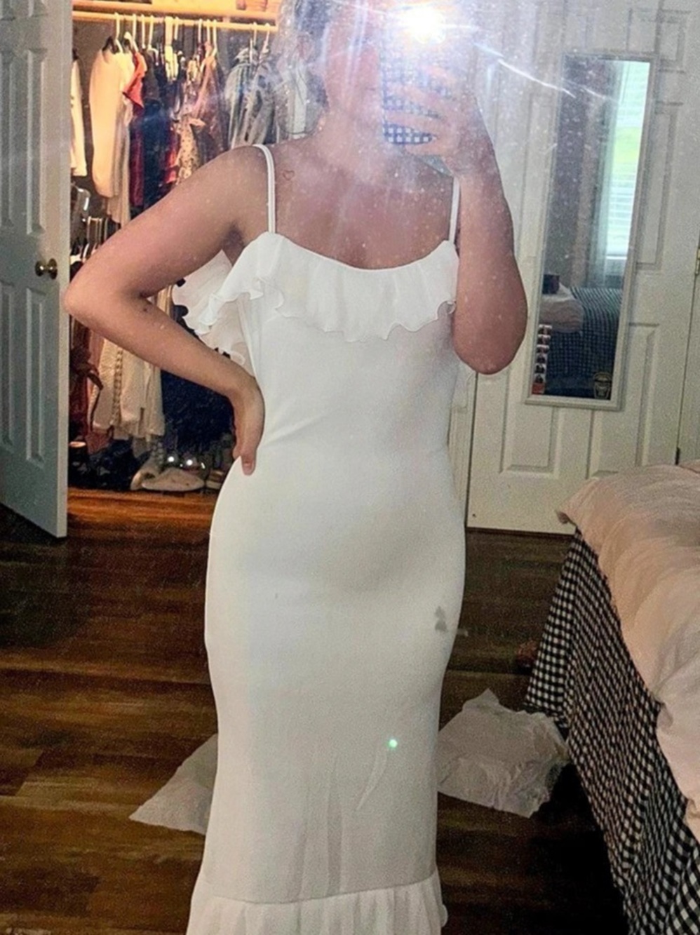 White Ruffle Maxi Dress, Revolve Delina Dress look-alike